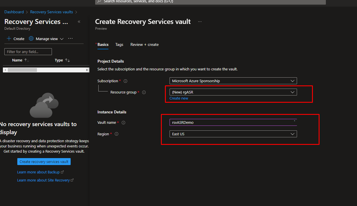 Creating a new recovery service vault
